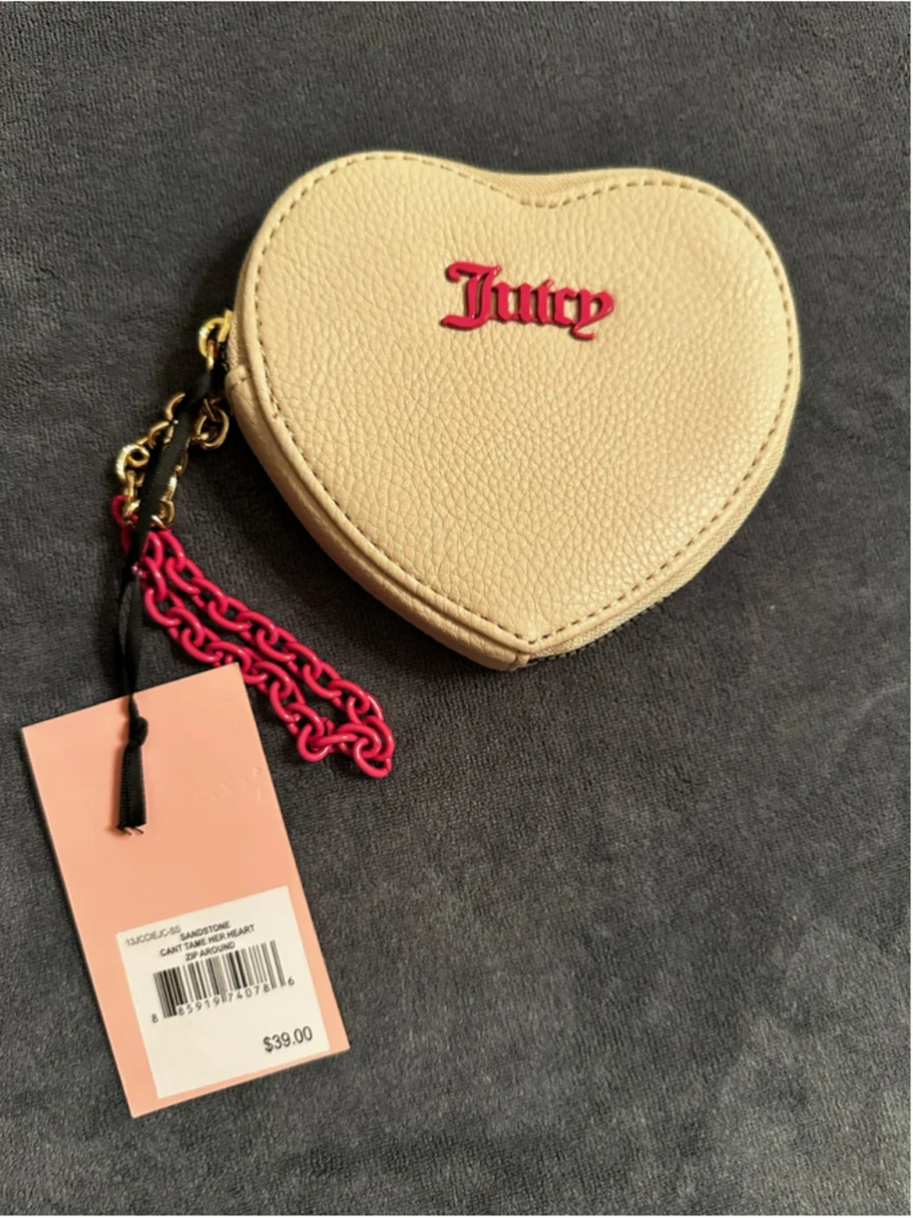 Juicy Couture Beige and Pink Heart Zip Around Wristlet